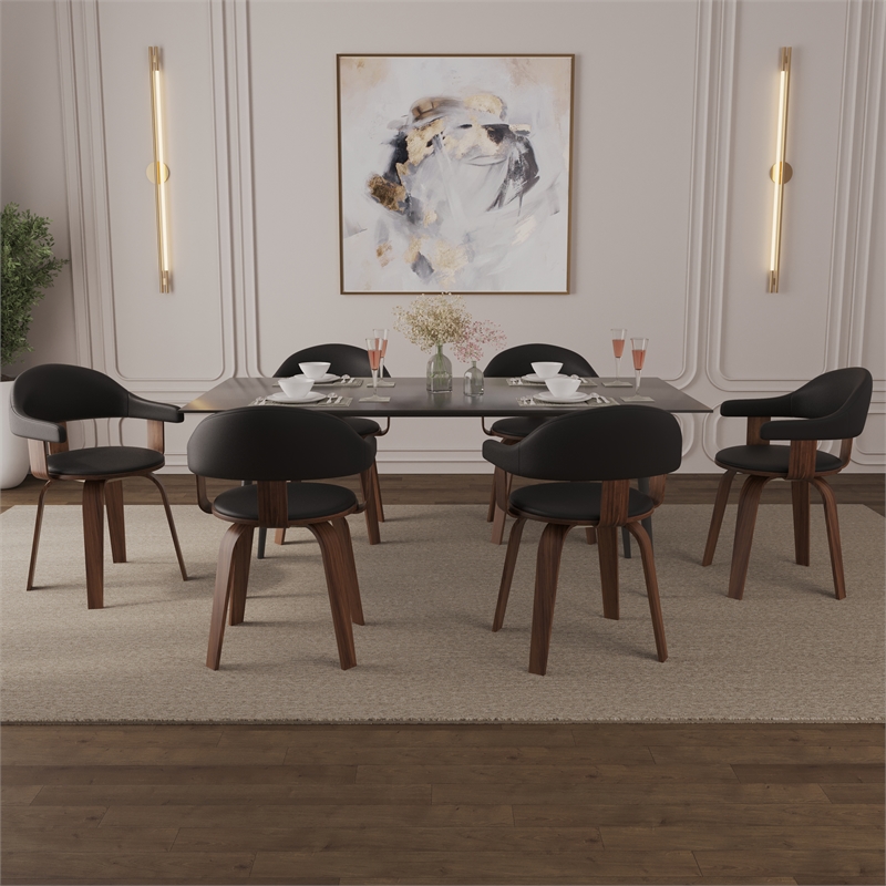LeisureMod Brivo Leather Seat Swivel Dining Chair in Black/Walnut Frame