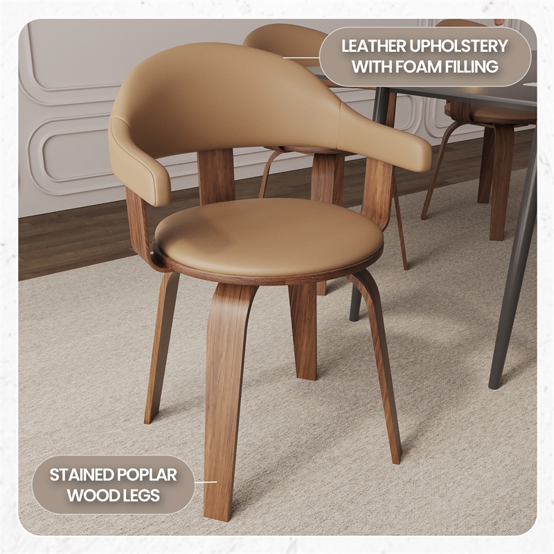 LeisureMod Brivo Leather Seat Swivel Dining Chair in Brown/Walnut Frame