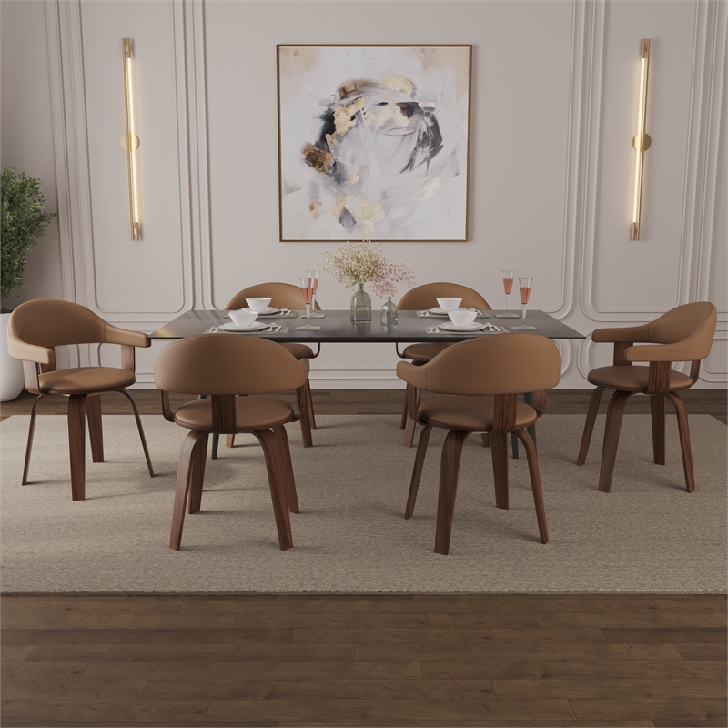 LeisureMod Brivo Leather Seat Swivel Dining Chair in Brown/Walnut Frame