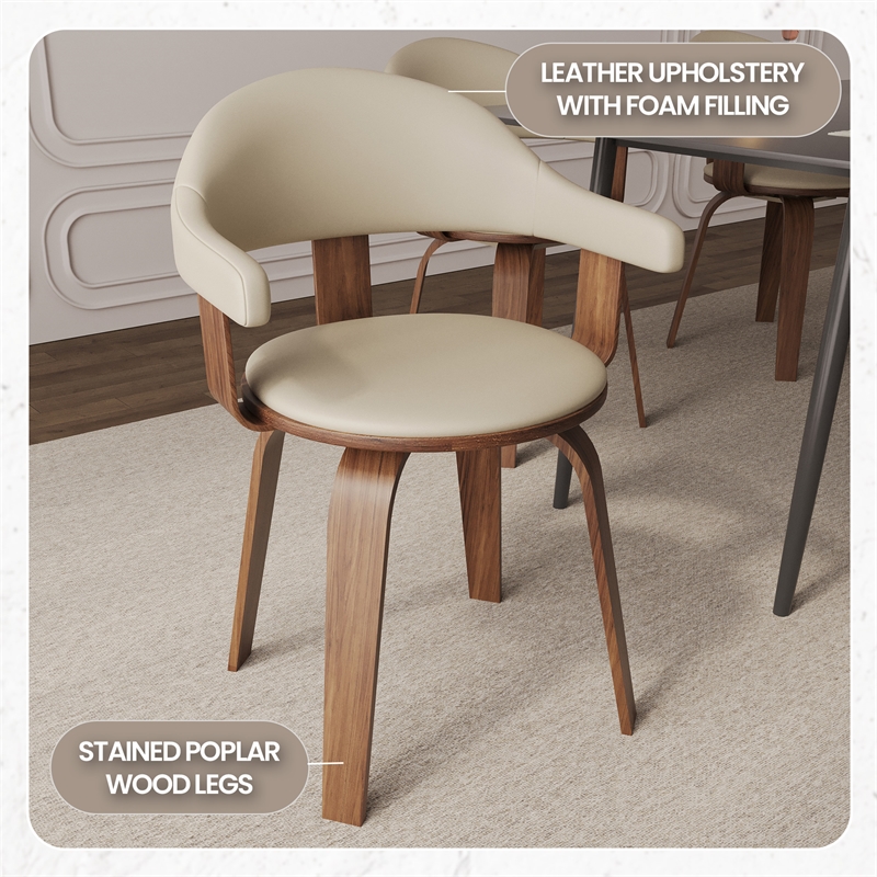 LeisureMod Brivo Leather Seat Swivel Dining Chair in Cream/Walnut Frame