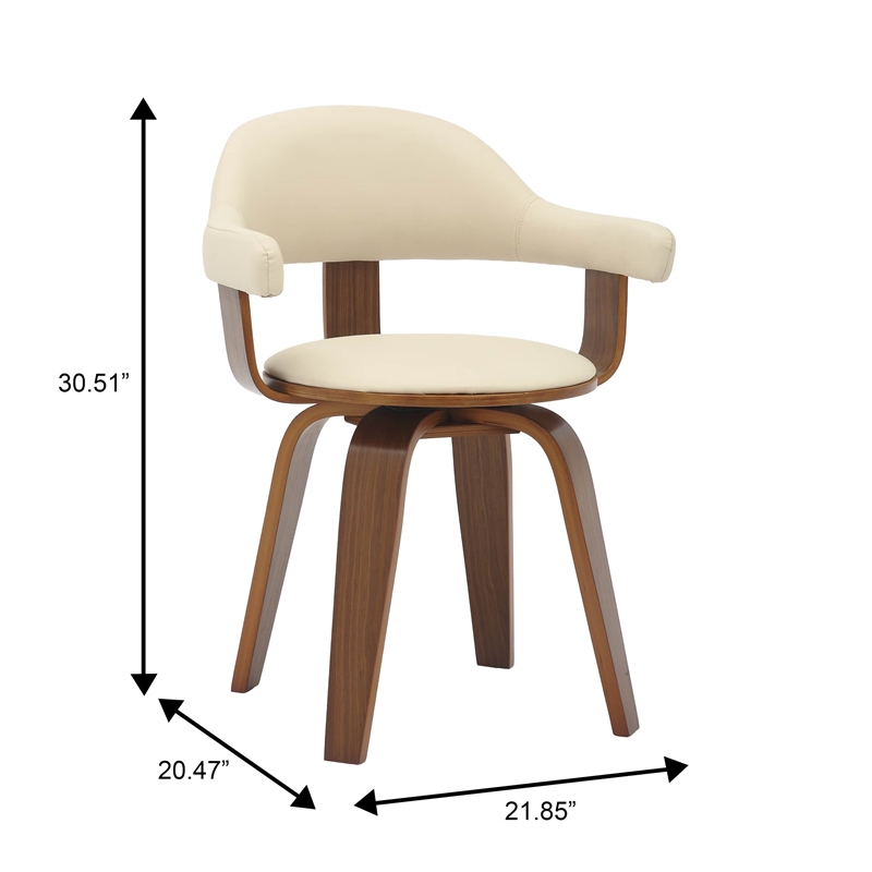 LeisureMod Brivo Leather Seat Swivel Dining Chair in Cream/Walnut Frame