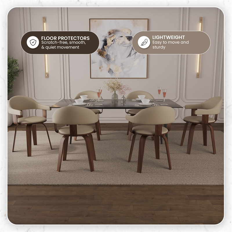 LeisureMod Brivo Leather Seat Swivel Dining Chair in Cream/Walnut Frame