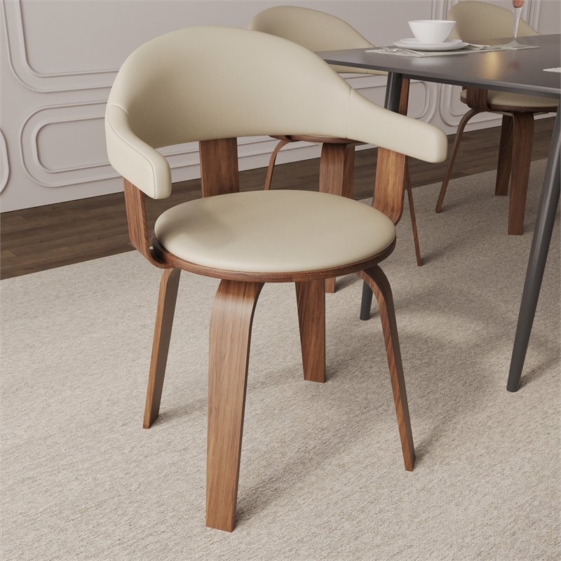 LeisureMod Brivo Leather Seat Swivel Dining Chair in Cream/Walnut Frame