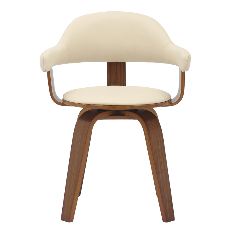 LeisureMod Brivo Leather Seat Swivel Dining Chair in Cream/Walnut Frame