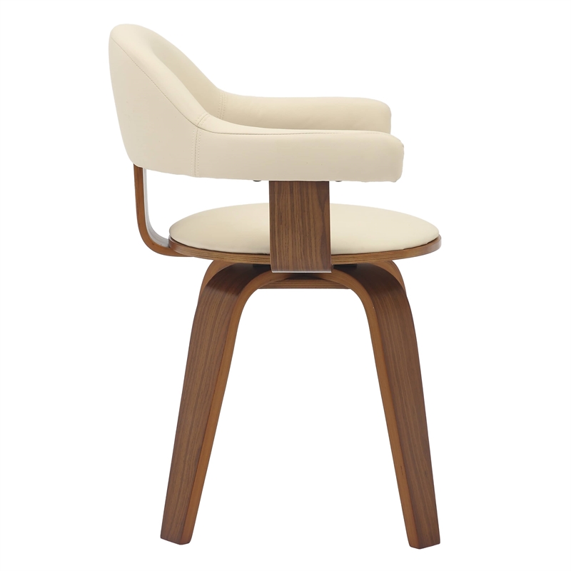 LeisureMod Brivo Leather Seat Swivel Dining Chair in Cream/Walnut Frame