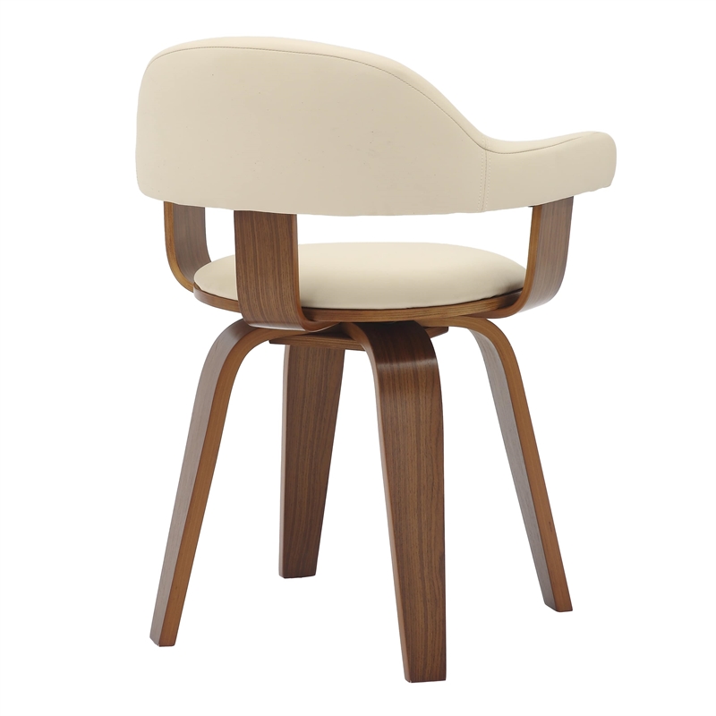LeisureMod Brivo Leather Seat Swivel Dining Chair in Cream/Walnut Frame