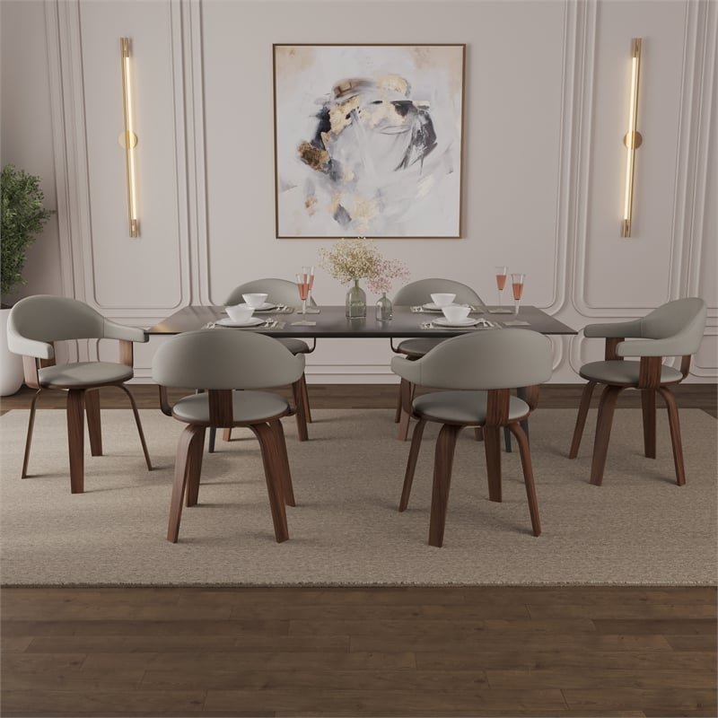 LeisureMod Brivo Leather Seat Swivel Dining Chair in Gray/Walnut Frame