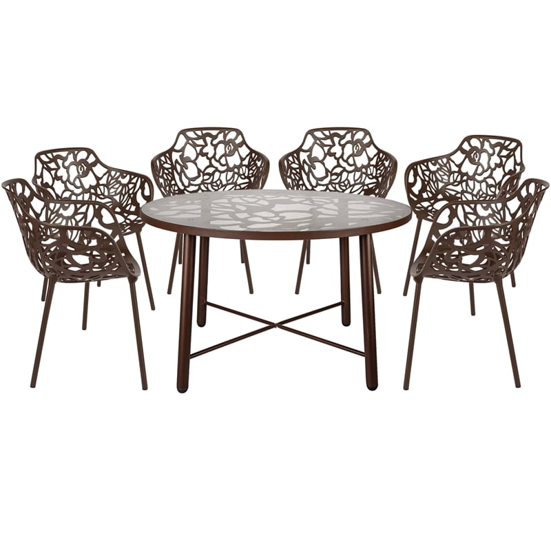 Devon 7-Piece Aluminum Patio Dining Set in Brown