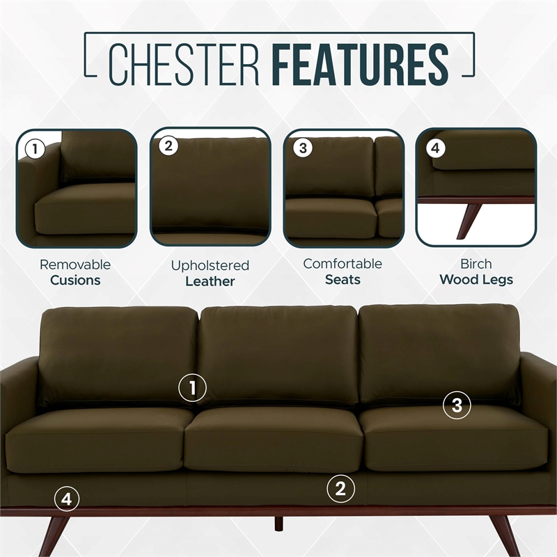Chester Modern Faux Leather Sofa in Green Leather