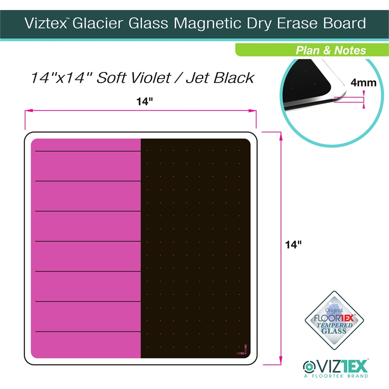Viztex Glacier Magnetic Glass Dry Erase Board  Soft Violet Jet Black 14x14 inch