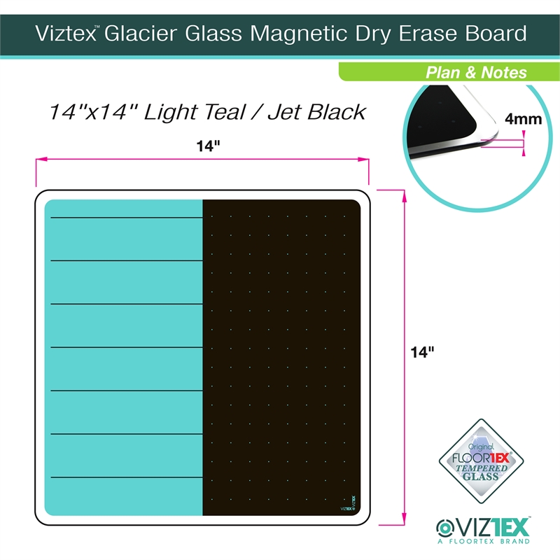 Viztex Glacier Magnetic Glass Dry Erase Board Light Teal Jet Black 14x14 inch