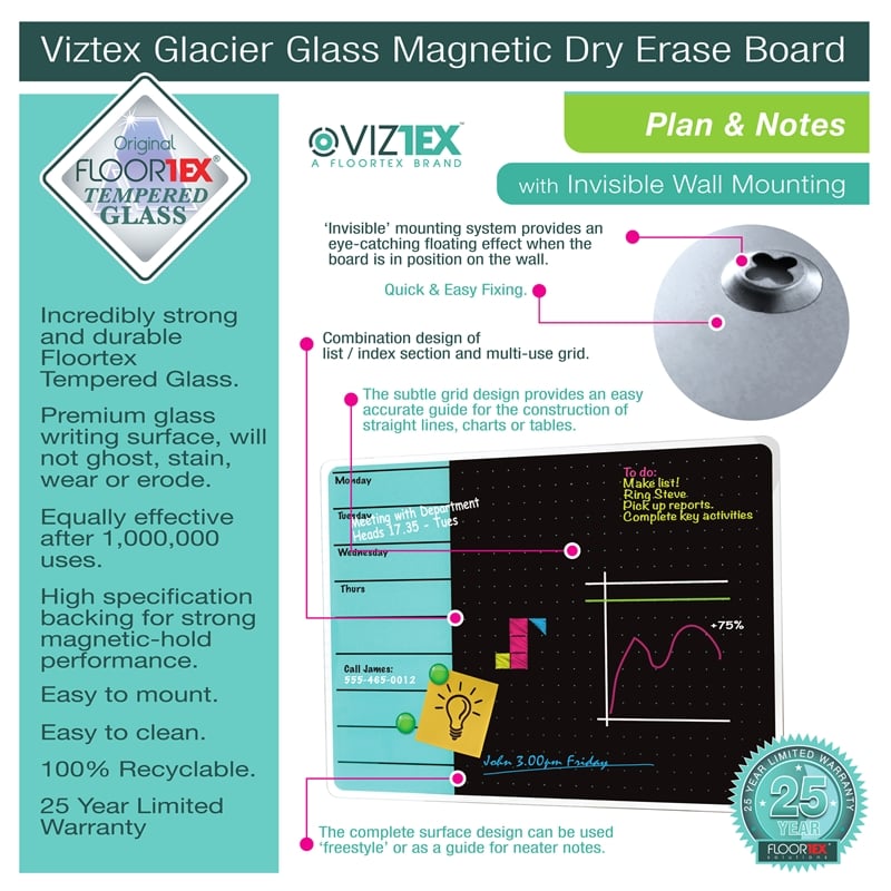 Viztex Glacier Magnetic Glass Dry Erase Board Polar White Jet Black 14x14 inch