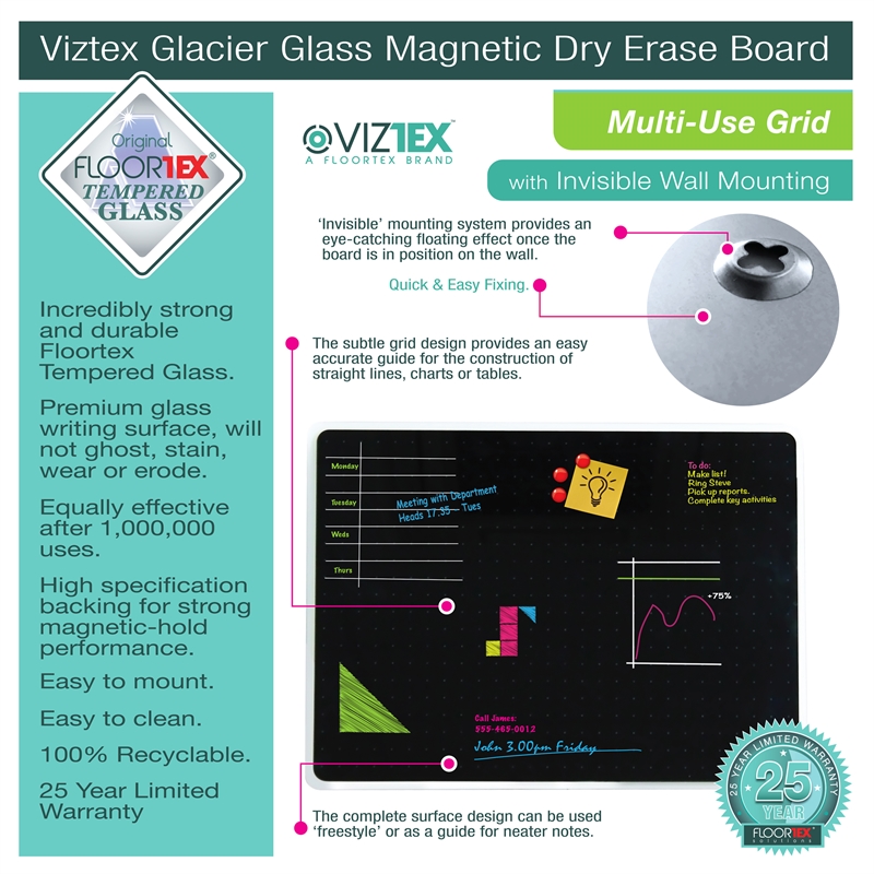 Viztex Glacier Magnetic Glass Dry Erase Board Jet Black 14x14 inch
