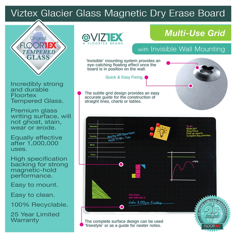 Viztex Glacier Magnetic Glass Dry Erase Board Jet Black 17x23 inch