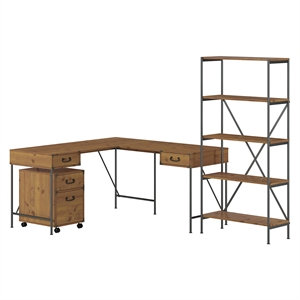 Ironworks L Desk with Mobile File Cabinet & Bookcase in Multiple Finishes