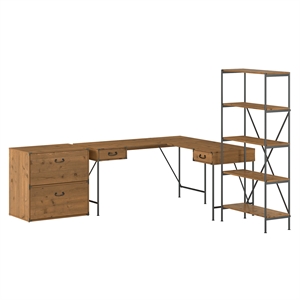 Ironworks L Desk with Lateral File Cabinet & Bookcase in Multiple Finishes