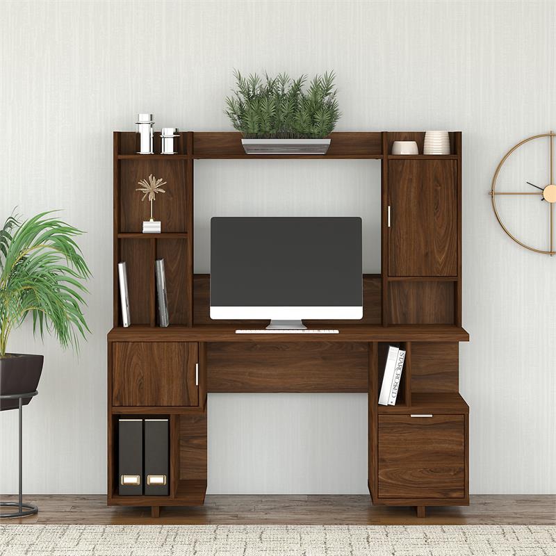 Madison Avenue 60W Computer Desk with Hutch in Modern Walnut - Engineered Wood