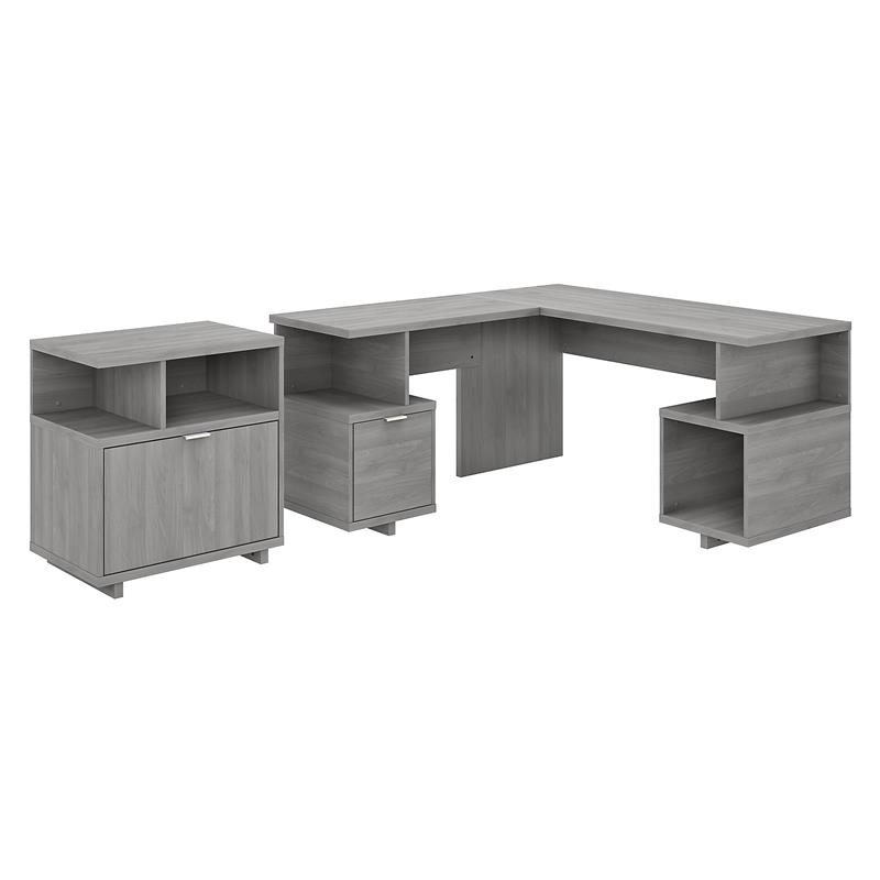 Madison Avenue L Desk with File Cabinet in Modern Gray - Engineered Wood