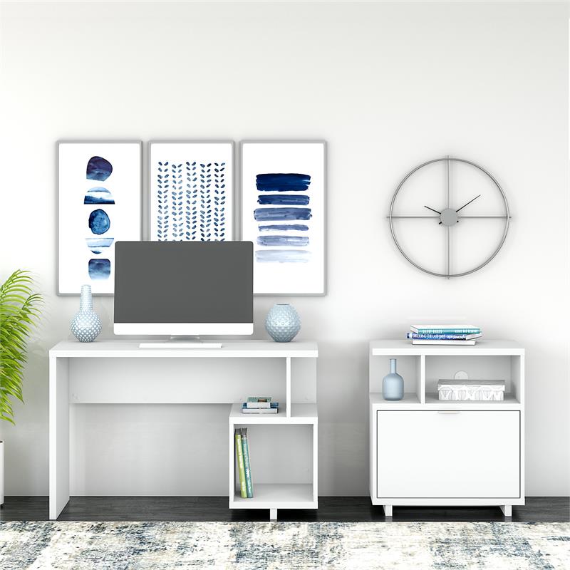 Madison Avenue 48W Desk with File Cabinet in Pure White - Engineered Wood