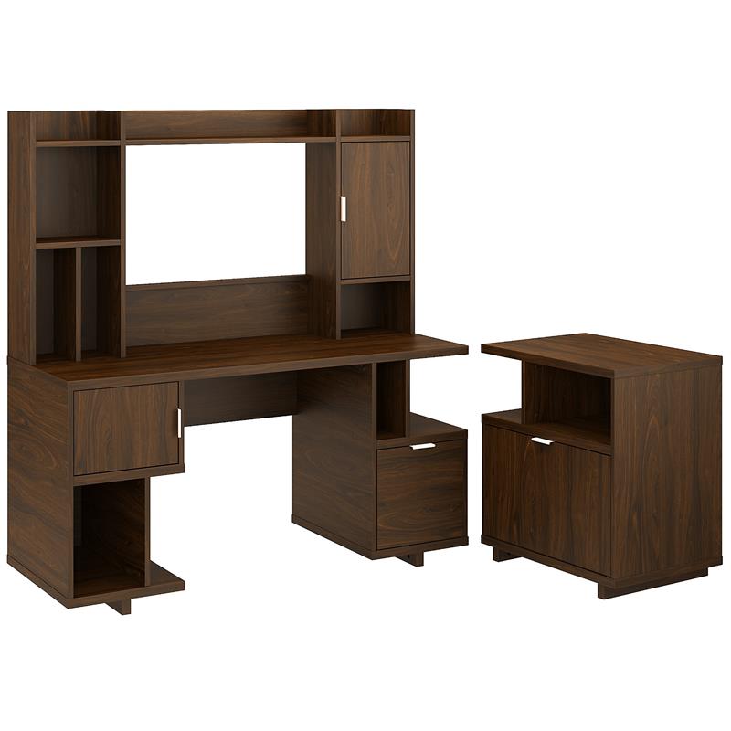 Madison Avenue 60W Desk with Hutch and File Cabinet in Walnut - Engineered Wood