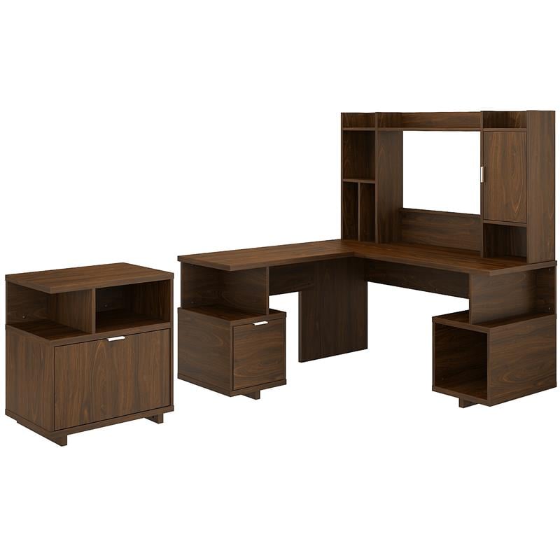 Madison Avenue L Desk with Hutch and File Cabinet in Walnut - Engineered Wood