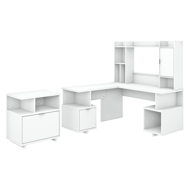 Madison Avenue L Desk with Hutch and File Cabinet in White - Engineered Wood