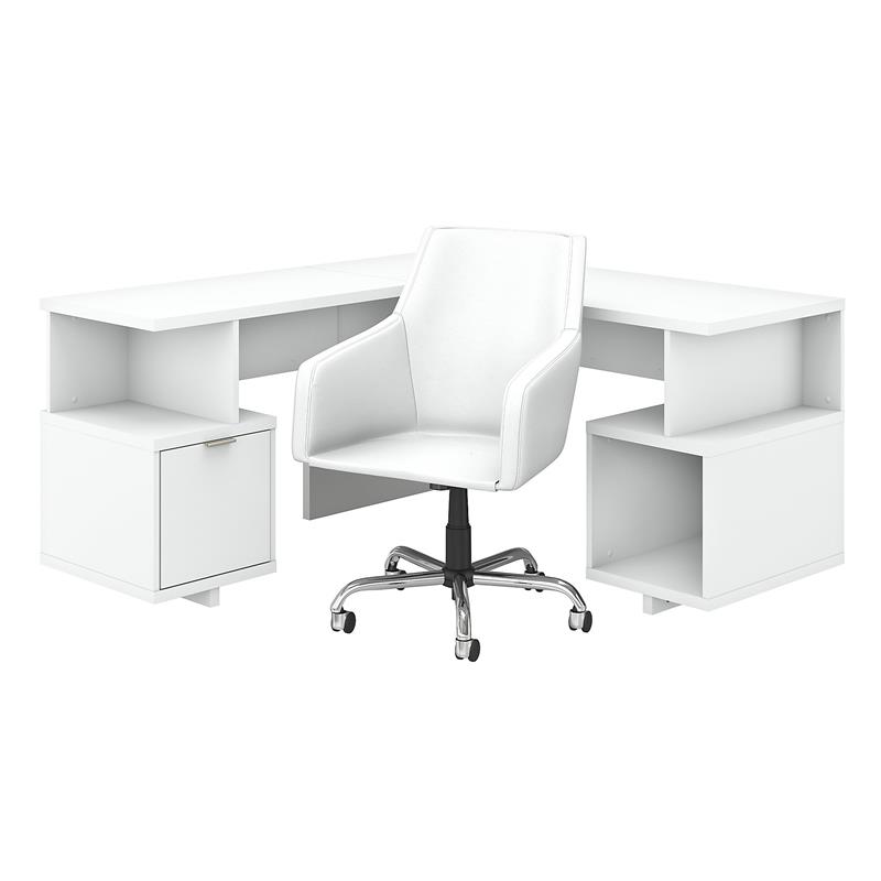 Madison Avenue L Shaped Desk and Chair Set in Pure White - Engineered Wood