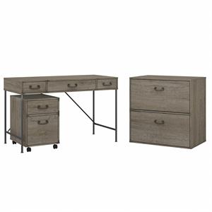 Ironworks 48W Writing Desk with File Cabinets in Restored Gray - Engineered Wood