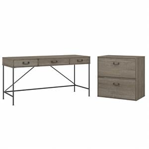 Ironworks 60W Desk with Lateral File Cabinet in Restored Gray - Engineered Wood