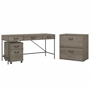 Ironworks 60W Writing Desk with File Cabinets in Restored Gray - Engineered Wood