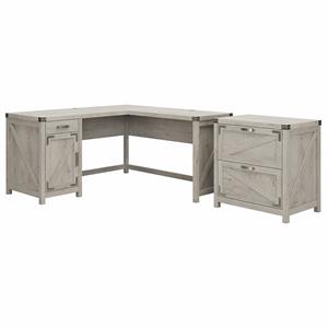 Cottage Grove 60W L Desk with File Cabinet in Cottage White - Engineered Wood