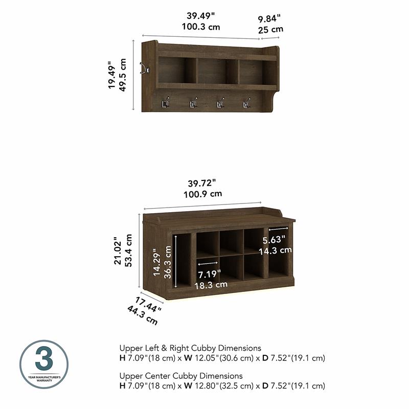 Kathy Ireland Home by Bush Furniture Woodland 40W Entryway Bench with Shelves and Wall Mounted Coat Rack in White Ash