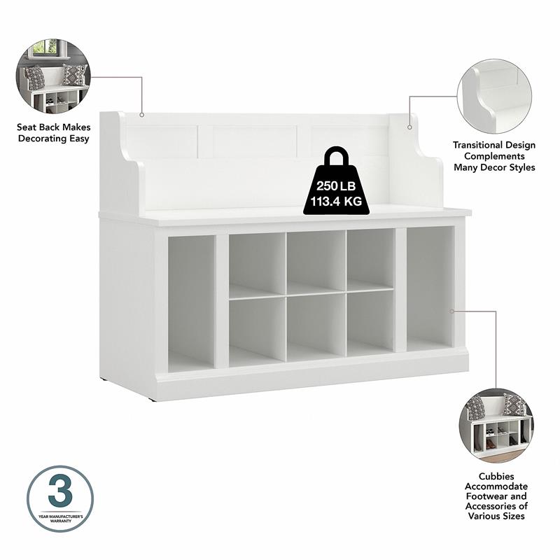 Kathy Ireland Home by Bush Furniture Woodland 40W Entryway Bench with Doors and Wall Mounted Coat Rack in White Ash