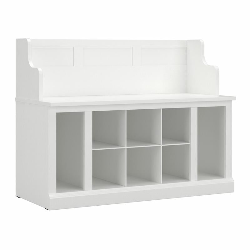 Kathy Ireland Home by Bush Furniture Woodland 40W Entryway Bench with Doors and Wall Mounted Coat Rack in White Ash