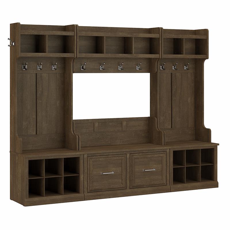 Kathy Ireland Home by Bush Furniture Woodland 40W Entryway Bench with Shelves and Wall Mounted Coat Rack in White Ash