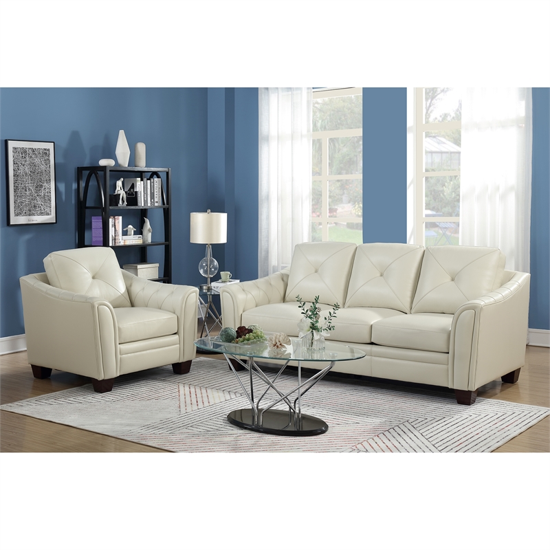 Daily Tufted Leather Sofa In Ivory