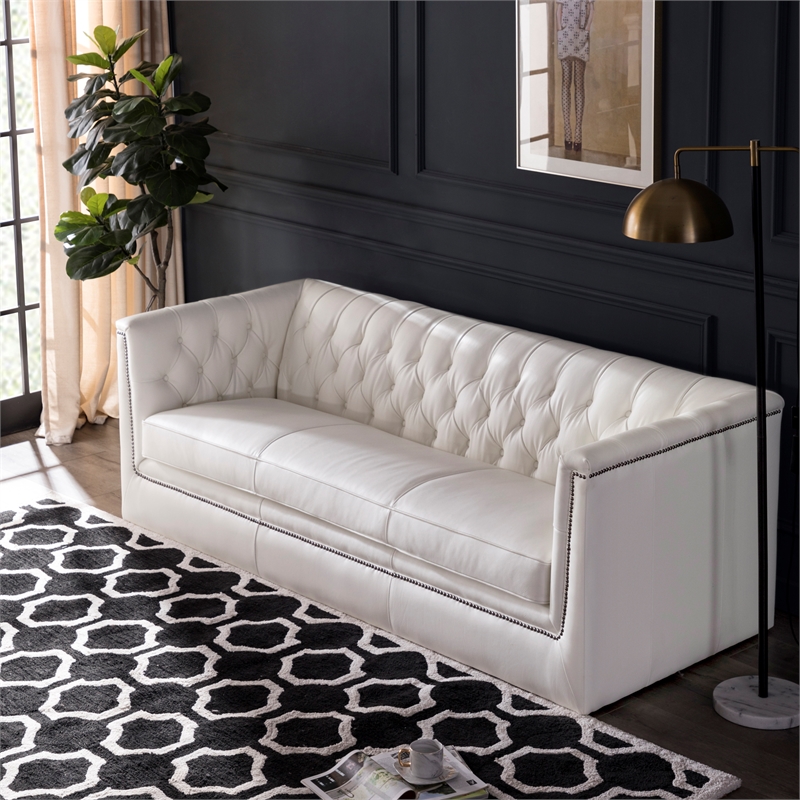 Taft Button Tufted Leather Sofa in White Cymax Business