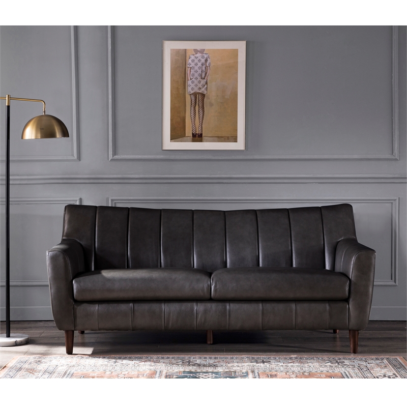 Perry Channel Back Leather Sofa In Gray, Leather Sofas Los Angeles