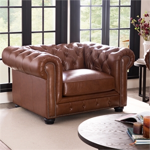 brookfield leather chesterfield accent chair in cobblestone