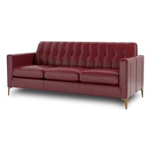 payton mid century red leather  sofa with metal legs and tufted back