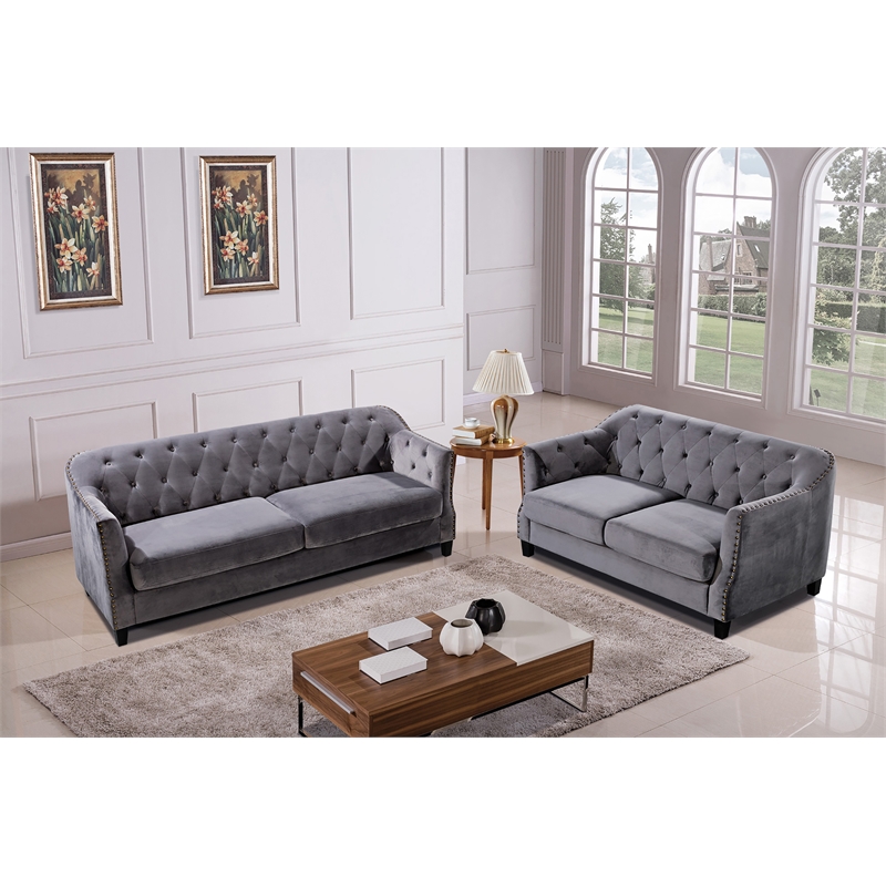 American Eagle Furniture Velvet Tufted Loveseat in Gray