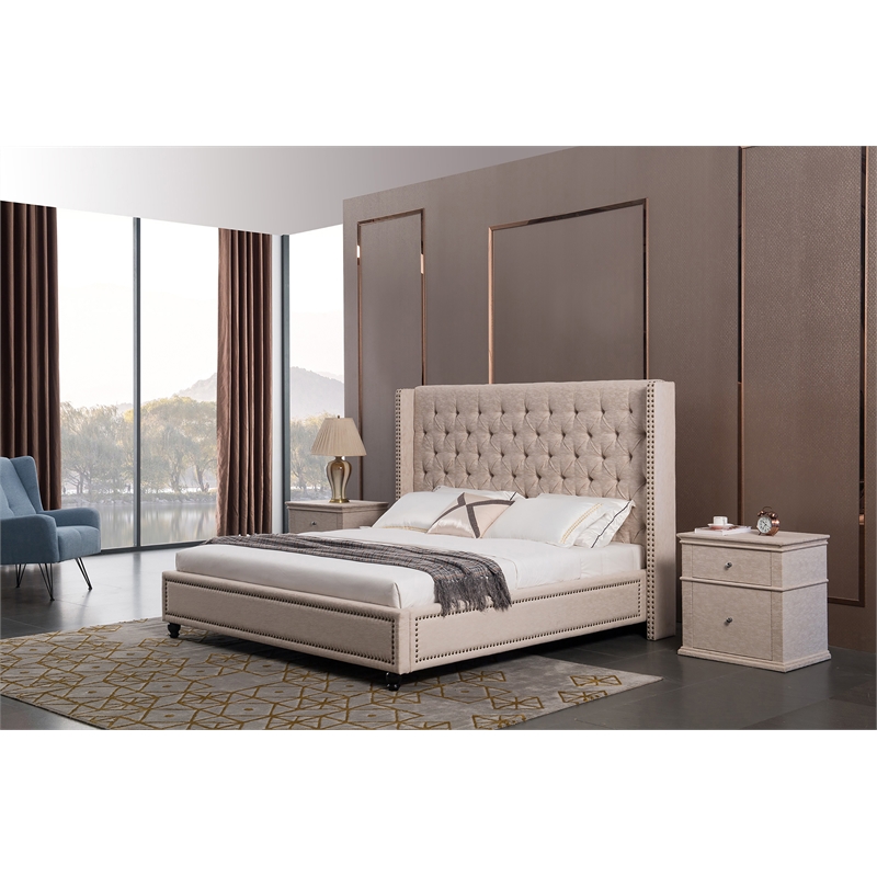 American Eagle Furniture Eastern Fabric Tufted King Platform Bed in Beige
