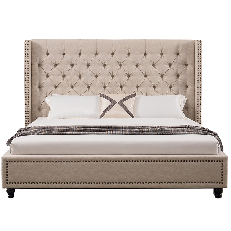 American Eagle Furniture Eastern Fabric Tufted King Platform Bed in Beige