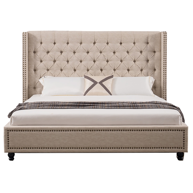 American Eagle Tufted Fabric California King Platform Bed in Beige