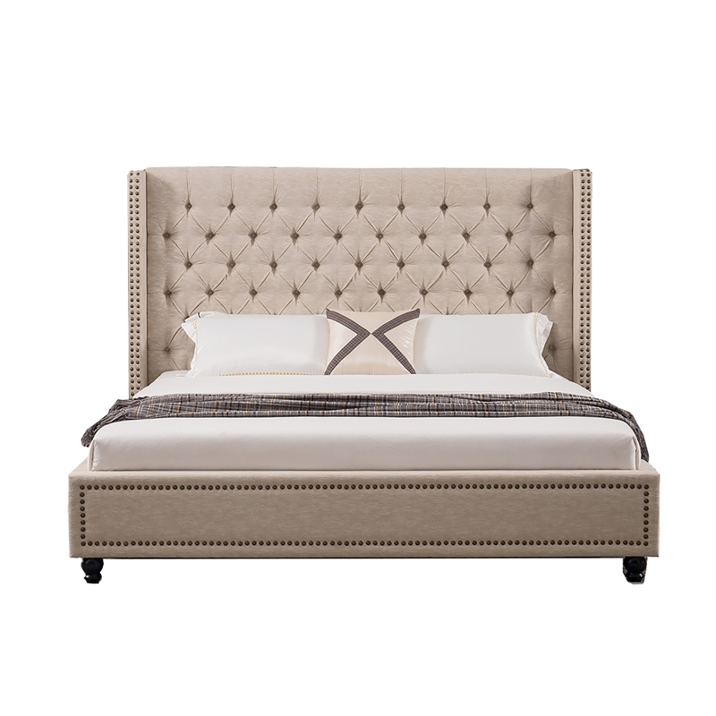 American Eagle Furniture Tufted Fabric Queen Platform Bed in Beige