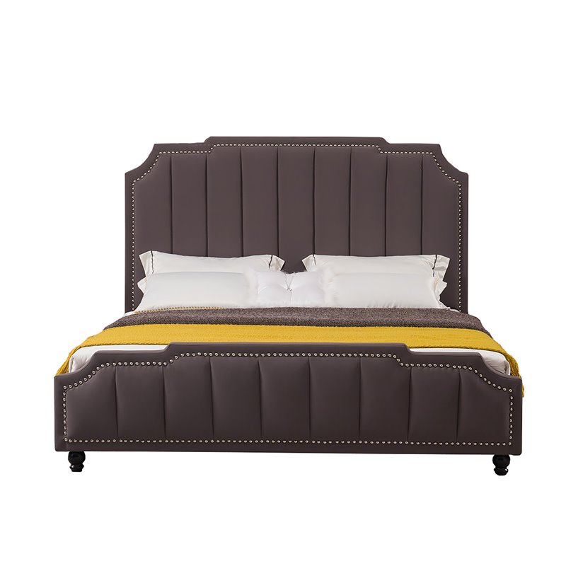 American Eagle Fabric Tufted King Platform Bed with Nailhead Trim in Gray