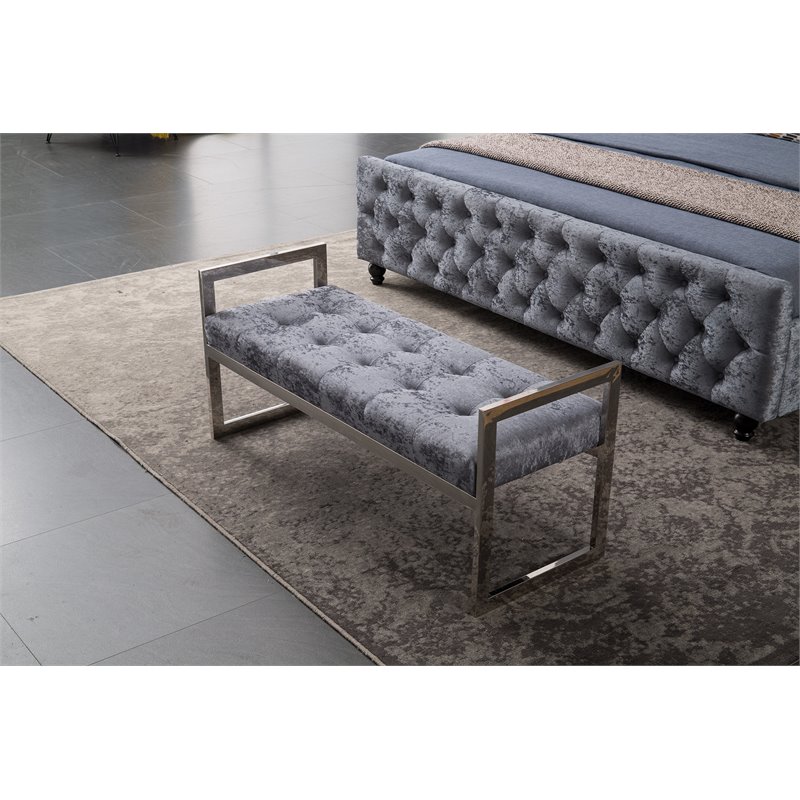 American Eagle Furniture Tufted Fabric Metal Bench in Blue Gray