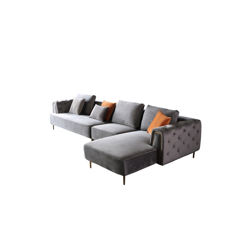 AE-LD831L 3 Piece Gray Velvet Fabric Right Side Facing Chaise Sectional