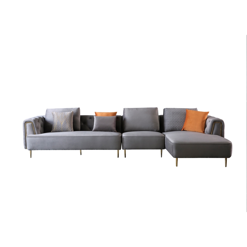 AE-LD831L 3 Piece Gray Velvet Fabric Right Side Facing Chaise Sectional