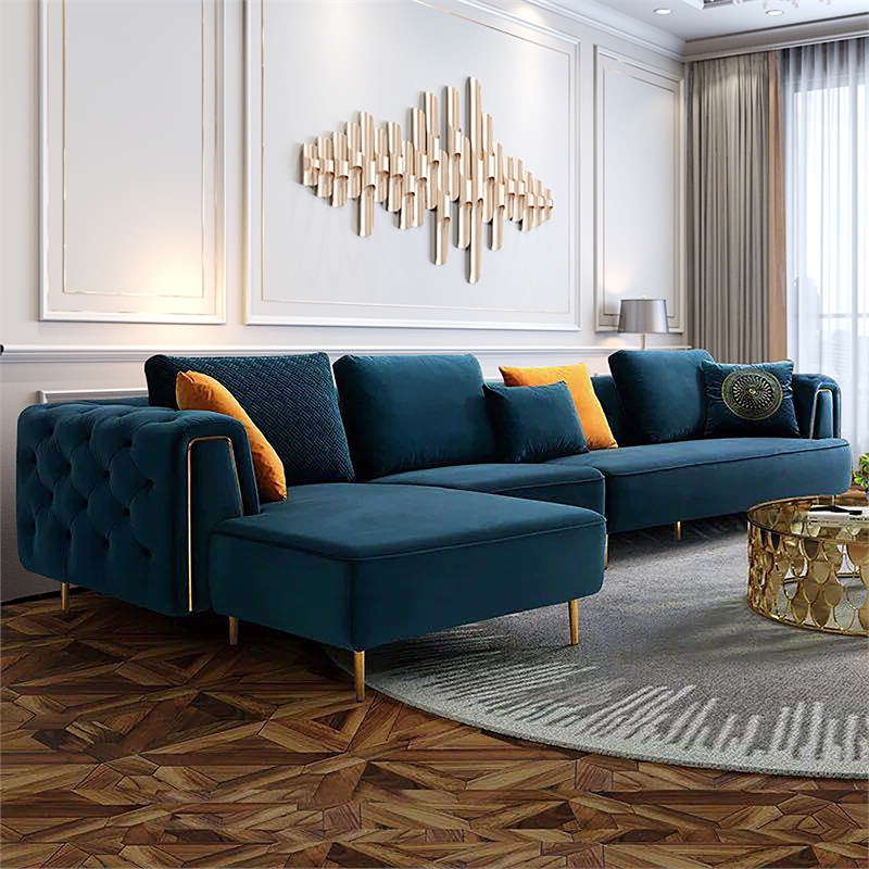 AE-LD831R 3 Piece Royal Blue Velvet Fabric Left Side Facing Chaise Sectional